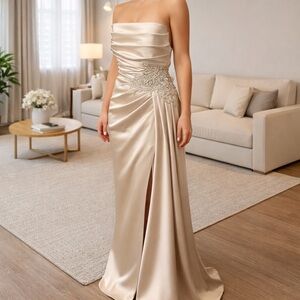 Elegant Satin Evening Gown in Nude Champagne